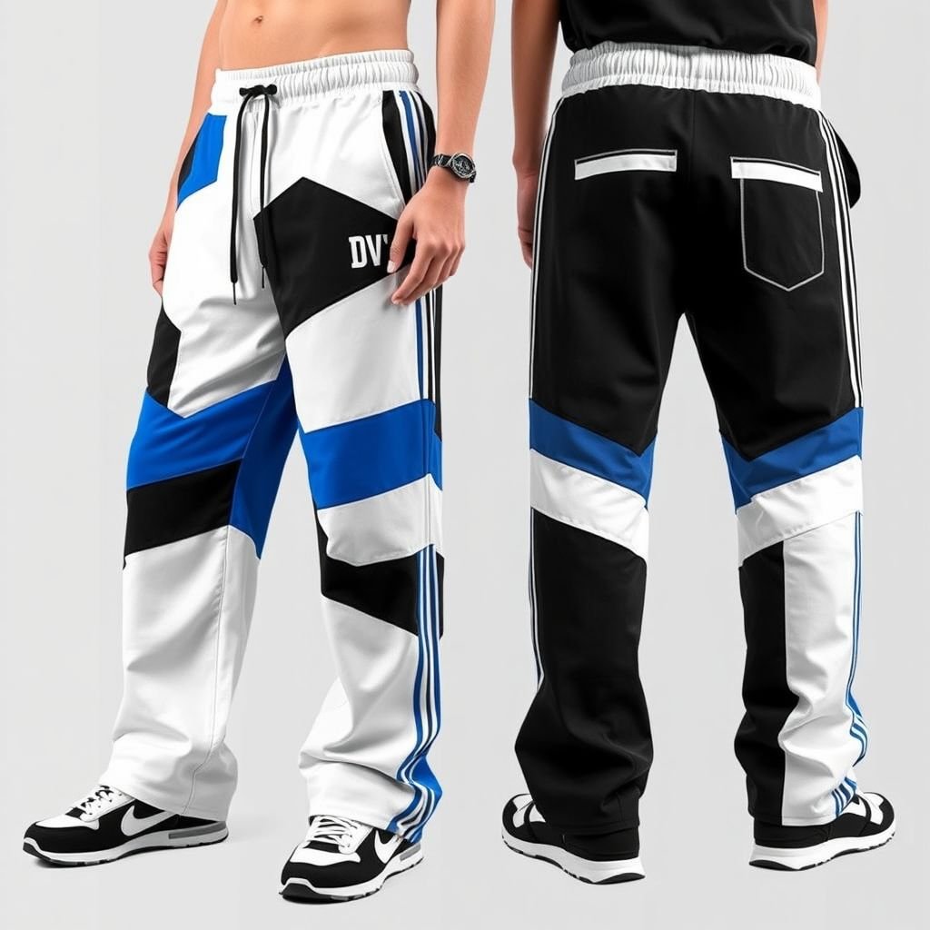 Streetrush Men's Street Sporty Academy Style, Street Hip-Hop Oversized. These Black And White Color-Block Design Ultra-Wide Sports Sweatpants Feature Multiple Stripes, Black With blue Paneling Design, And Front And Back Pattern Designs, Along With A Creative Double Waistband. They Are Suitable For All-Season Wear, Embody Street Rock Aesthetics, And Are Perfect For Music Festivals And Everyday Outfits, Making Them An Excellent Gift For Boyfriends Or Husbands. This Style Reflects Y2K Streetwear ,Men's Two-Tone Outdoor Sports , Chicago Jersey , Streetwear , Streetwear Sweatpants. Put “DV” somewhere on it.
Imagine a bold streetwear collection featuring "Streetrush Men's Street Sporty Academy Style" sweatpants. These ultra-wide, color-blocked black and white pants showcase intricate blue paneling and multiple stripes, embodying Y2K aesthetics. Creative double waistbands and unique front and back patterns enhance versatility, stamped with “DV” for added street style. Ideal for music festivals and casual outings, they redefine modern street fashion for the urban male.