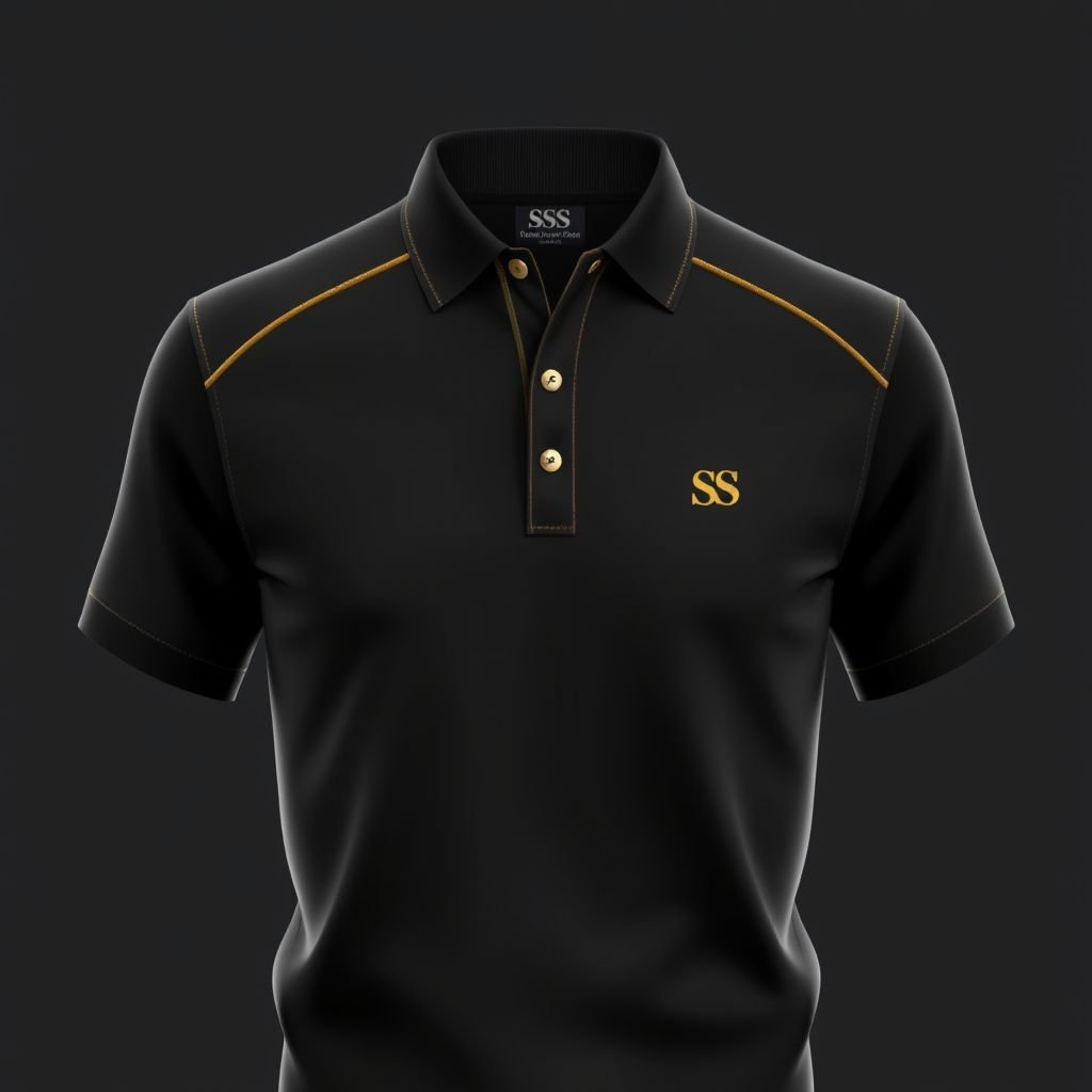 Design a sexy elegant unisex polo shirt with SS logo on the right side of chest can be worn casually with half way zipper in the middle in black and gold
Create a timeless unisex polo shirt that exudes classic elegance, featuring a sophisticated half-zip design. The shirt should be crafted from luxurious black fabric with gold accents, showcasing a refined SS logo on the right chest. Tailored for a perfect fit, this shirt seamlessly blends casual chic with high-end lifestyle.