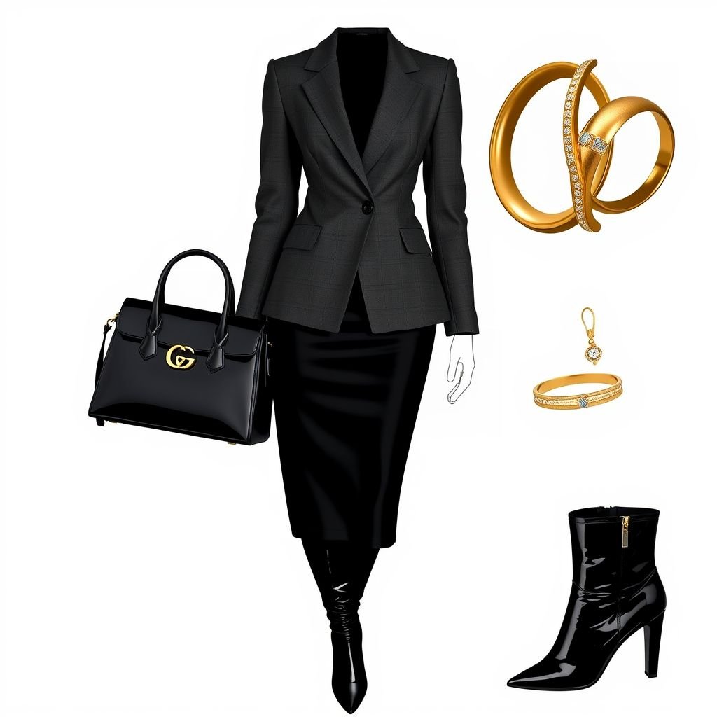 Make me a business outfit with a suit and it goes down to your knees with a black skirt and knee-high boots and a black Prada bag and gold bracelets from Gucci. Yep send me that photo now.
Design a contemporary business outfit featuring a tailored knee-length suit jacket in charcoal gray, paired with a sleek black pencil skirt that cinches at the waist. Accessorize with striking knee-high patent leather boots and a chic black Prada bag. Elevate the look with elegant gold Gucci bracelets, exuding modern sophistication.