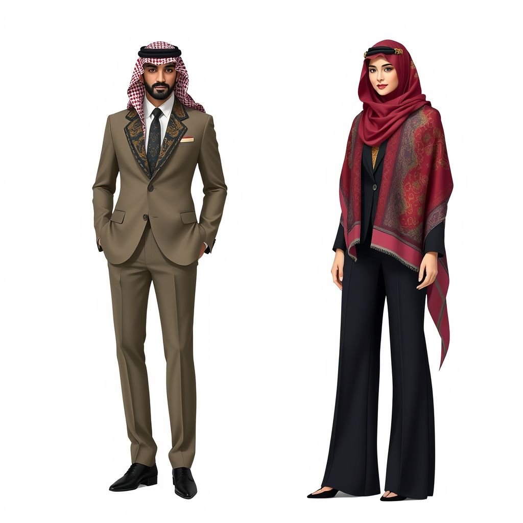 Inspired by saudi culture.
Design a sleek, tailored business suit infused with Saudi cultural elements. Incorporate rich, embroidered fabric patterns reminiscent of traditional Arabian textiles. Use a modern silhouette for a jacket, featuring ornate lapels and flowing trousers. Accessorize with a luxurious scarf, subtly showcasing intricate geometric designs, blending professionalism with cultural elegance for the modern workforce.
