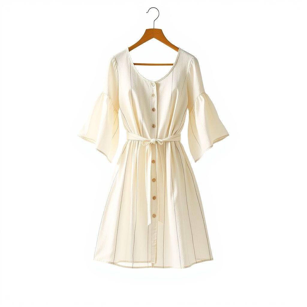שמלת קצרה של קיץ סטייל נקי מפשתן
Imagine a short summer dress crafted from airy linen, featuring a minimalist design. The dress boasts a delicate A-line silhouette, adorned with subtle vertical stripes and a cinched waist. Its wide, fluttering sleeves add a touch of whimsy, while soft pastel tones evoke a serene, sun-kissed vibe perfect for warm afternoons.