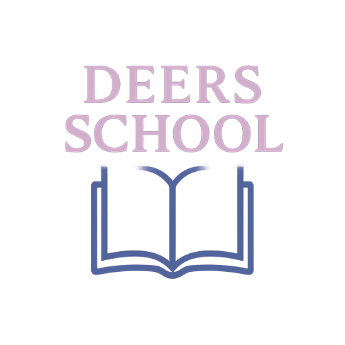 شعار مدرسه خلفيته مقسومة بالعرض لونين ازرق و وردي و فيه كتاب بالنص منقوش علويه اسم المدرسه(deers school(