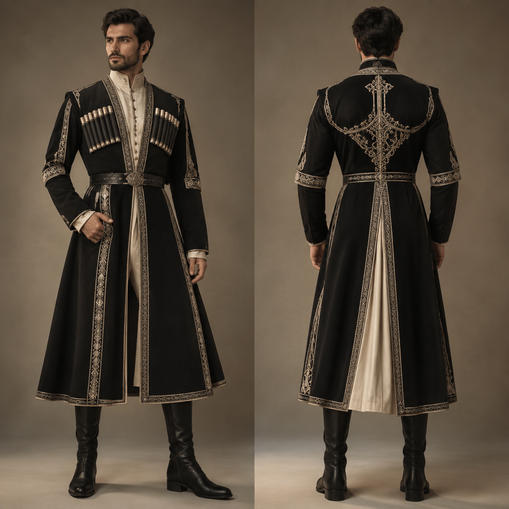 Men’s couture inspired by a traditional dress of the caucasus region. Also appropriate for an event titled Nations in Vogue, Global Heritage meets Haute Couture
photorealistic fashion design, Men’s couture inspired by a traditional dress of the caucasus region. Also appropriate for an event titled Nations in Vogue, Global Heritage meets Haute Couture
, masculinecore style, just the design no text, show front and back