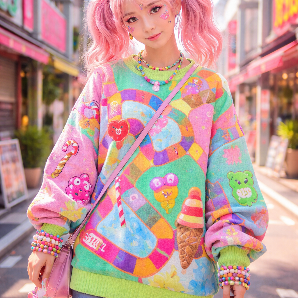 cute chunky bright neon cartoon candy land board game sweater
Japanese Street fashion design: Oversized bright neon cotton sweater with bold candy land board game patterns. Loose fit, dropped shoulders, long sleeves, with playful patches and stacked bracelets.