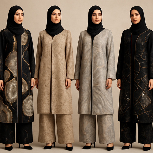Create a modest abaya and loose pant, first of its kind, featuring a unique stone design that exudes a classy and sophisticated vibe. I'd like four designs, each showcasing different styles and fabrics. Incorporate high-end, unique chic stone designs to make them truly special. Add little sophisticated stone designs. Make it irresistible with designs that stands out.