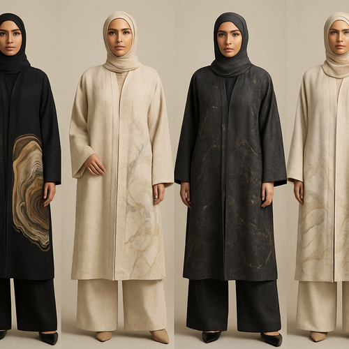 Create a modest abaya and loose pant, first of its kind, featuring a unique stone design that exudes a classy and sophisticated vibe. I'd like four designs, each showcasing different styles and fabrics. Incorporate high-end, unique chic stone designs to make them truly special. Add little sophisticated stone designs. Make it irresistible!