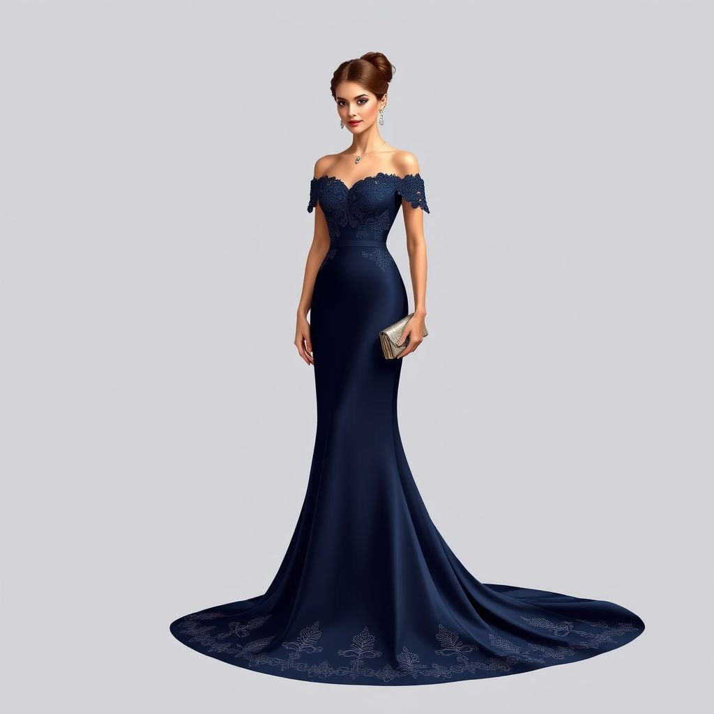 Dress
Design an elegant floor-length gown crafted from luxurious navy silk, featuring an off-shoulder neckline adorned with intricate lace appliqués. The fitted bodice flows into a soft A-line skirt, while a dramatic train adds a touch of grandeur. Accessorize with diamond drop earrings and a refined clutch for an exquisite formal ensemble.