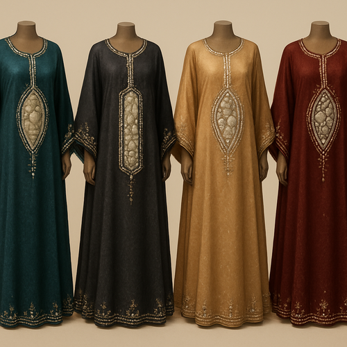 Create me modest boubou that's first in the world, using unique stone design, classy and sophisticated. Keep me 4 designs. Make them rich by adding minimal stone embroidery and stones designs.