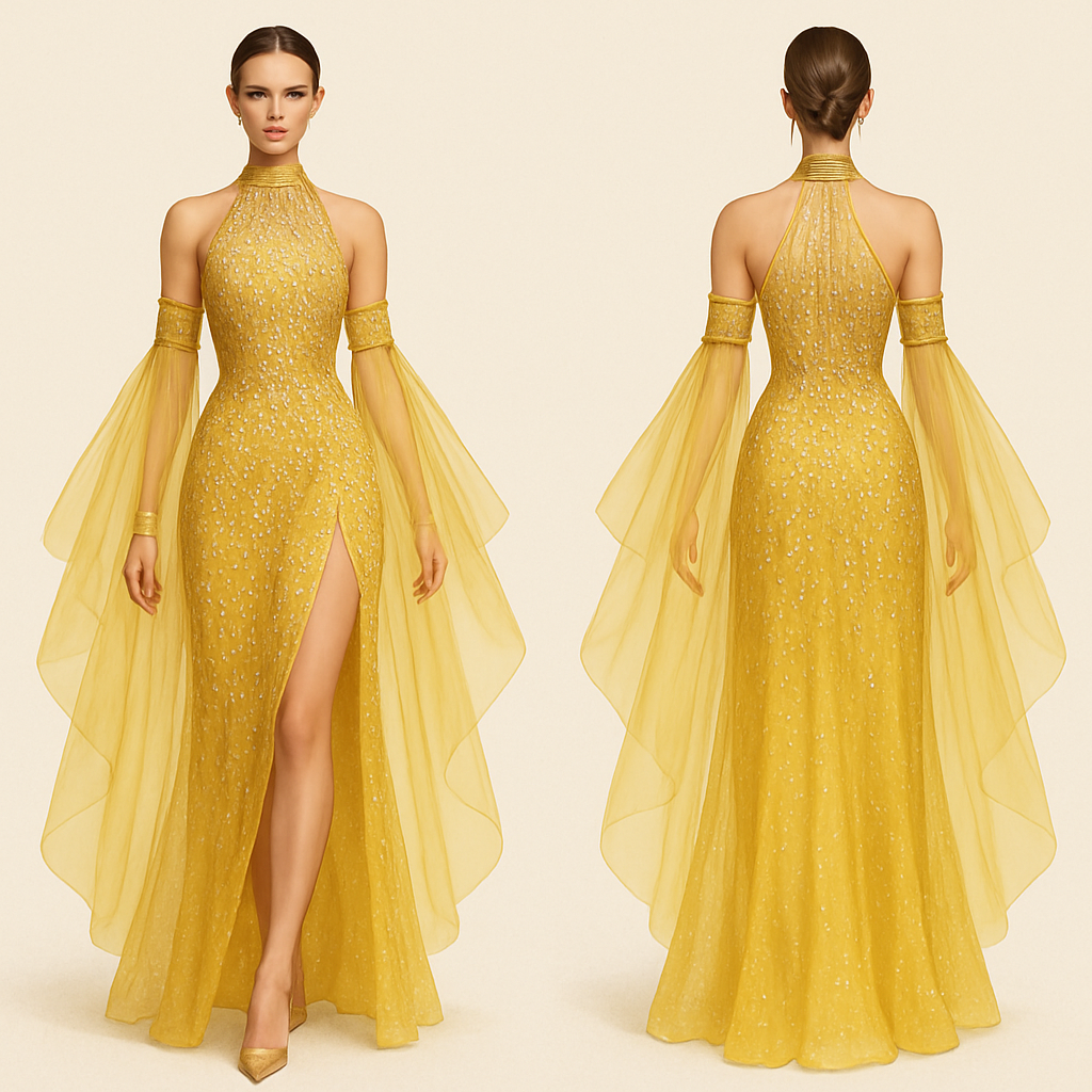 Yellow and a stone fully rhinestone halter gown that stops at the ankle. The spilt come to the hip bone. The fabric is organza and skin tone mesh. 2 arm cuffs with yellows and a stone liquid beading. The arm cuffs have organza cape that attaches on the arm cuffs and the middle of the back.
Yellow and a stone fully rhinestone halter gown that stops at the ankle. The spilt come to the hip bone. The fabric is organza and skin tone mesh. 2 arm cuffs with yellows and a stone liquid beading. The arm cuffs have organza cape that attaches on the arm cuffs and the middle of the back. , glamorous style, show front and back