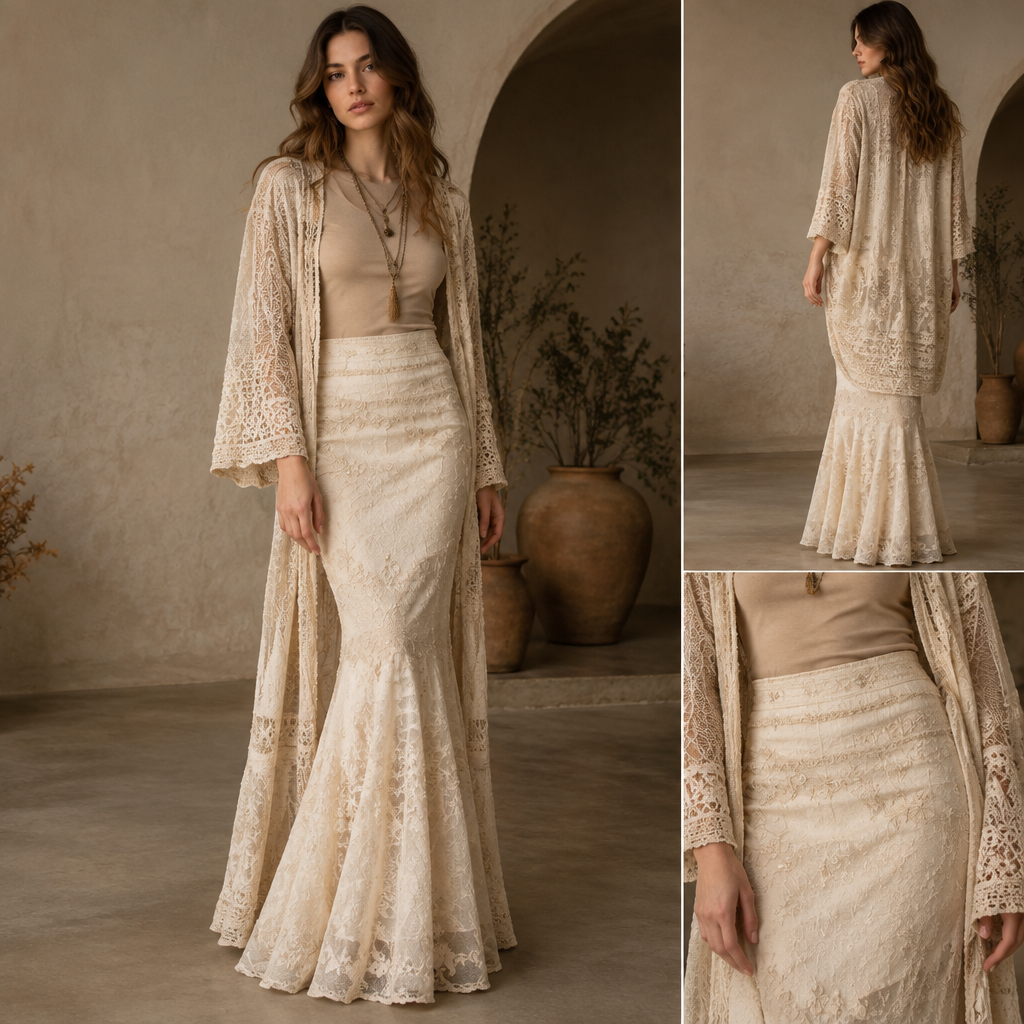 A Female Dress design, suitable for Fall, in Bohemian style. تنوره طولها 90 سم تكون قصتها حوريه لونها اوف وايت
وتشيرت لونه بيج فاتح مع ستره من نفس التصميم التنوره تكون بردان طويله. IQ fashion aesthetics. Present it as professional fashion catalogue photography: the garment is the subject, shown full-length with editorial styling, neutral posing and tasteful, non-suggestive framing.
photorealistic fashion design, A Female Dress design, suitable for Fall, in Bohemian style. تنوره طولها 90 سم تكون قصتها حوريه لونها اوف وايت
وتشيرت لونه بيج فاتح مع ستره من نفس التصميم التنوره تكون بردان طويله. IQ fashion aesthetics. Present it as professional fashion catalogue photography: the garment is the subject, shown full-length with editorial styling, neutral posing and tasteful, non-suggestive framing., bohemian style, just the design no text