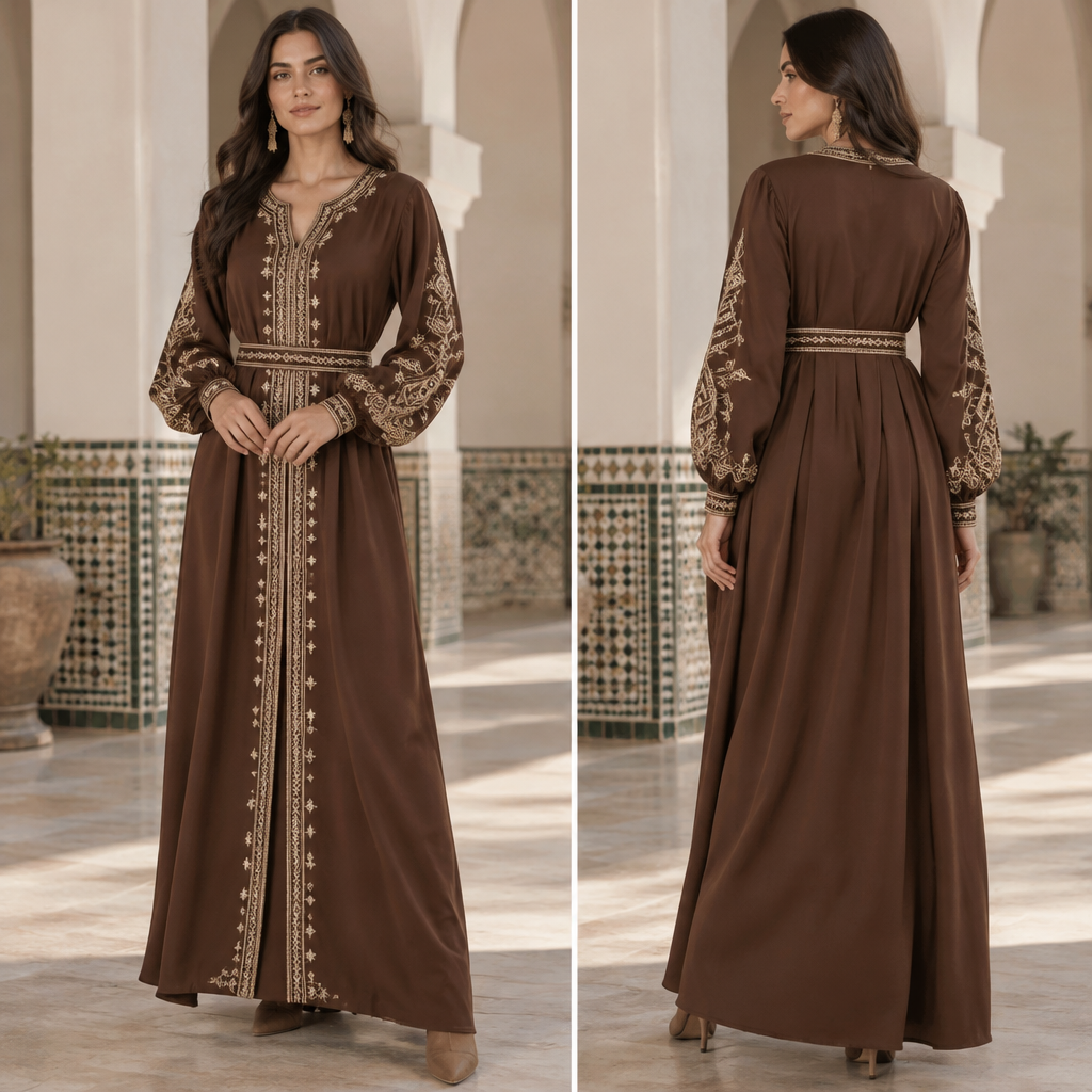 A Female Dress design, suitable for Fall. Algeria fashion aesthetics. Current season is Autumn in Algeria. Present it as professional fashion catalogue photography: the garment is the subject, shown full-length with editorial styling, neutral posing and tasteful, non-suggestive framing.
photorealistic fashion design, A Female Dress design, suitable for Fall. Algeria fashion aesthetics. Current season is Autumn in Algeria. Present it as professional fashion catalogue photography: the garment is the subject, shown full-length with editorial styling, neutral posing and tasteful, non-suggestive framing., just the design no text, show front and back