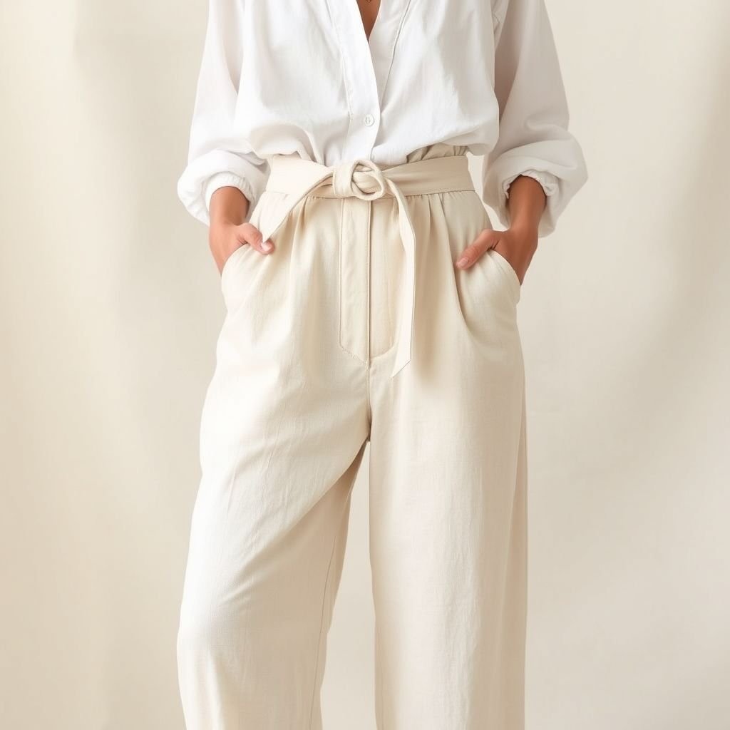 Front fly removable self covered belt closure pants style Zimmerman linen pin tucks through Centre
Design an airy, high-waisted pant featuring a front fly and a removable self-covered belt, evoking a blend of sophistication and ease. Crafted from crisp linen, the pants showcase delicate pin tucks running down the center, adding texture and elegance. Perfect for warm days, they exude effortless, bohemian-chic allure.