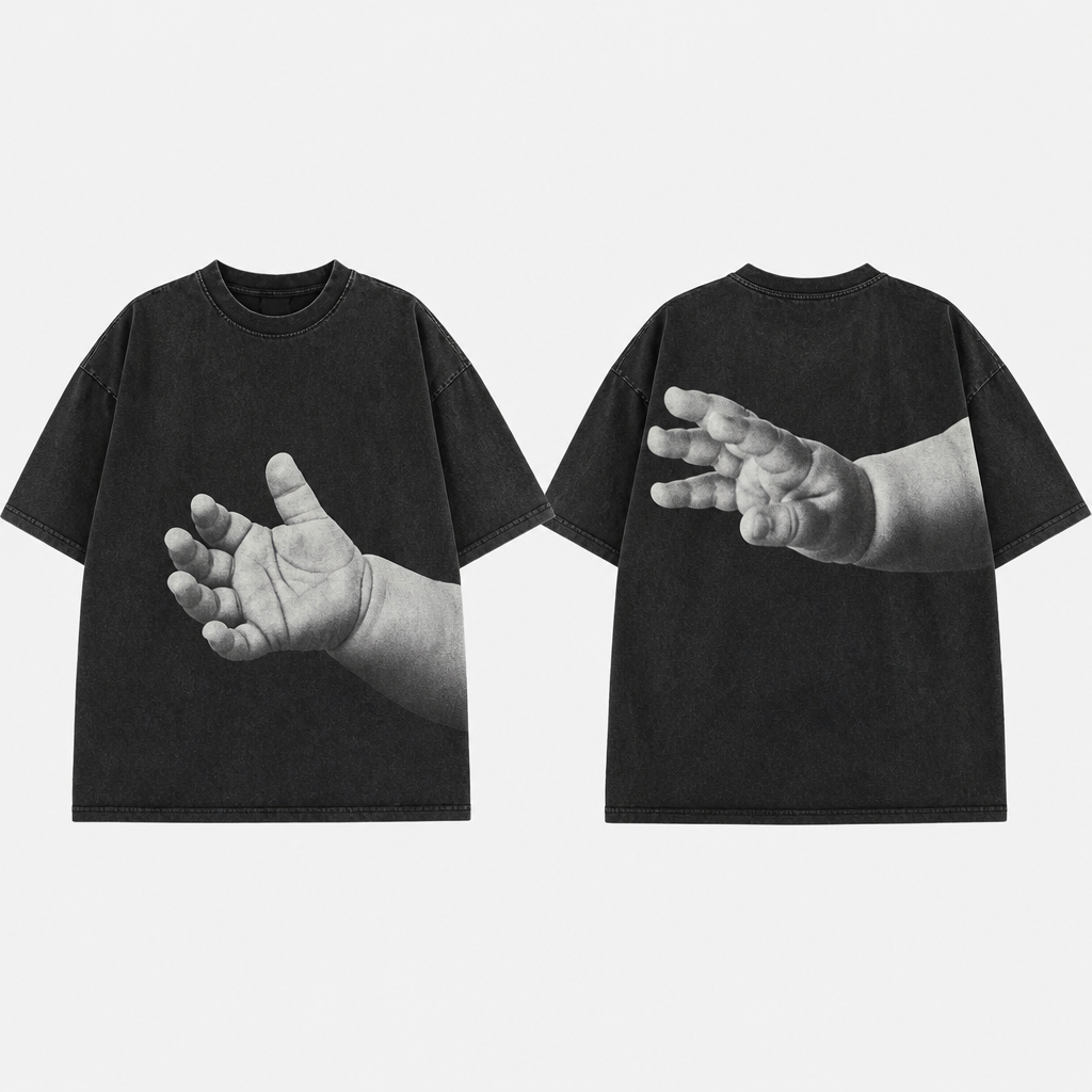 J’aimerai un t-shirt type oversize avec une main de bebe avec le
photorealistic fashion design, J’aimerai un t-shirt type oversize avec une main de bebe avec le, streetwear style, just the design no text, show front and back