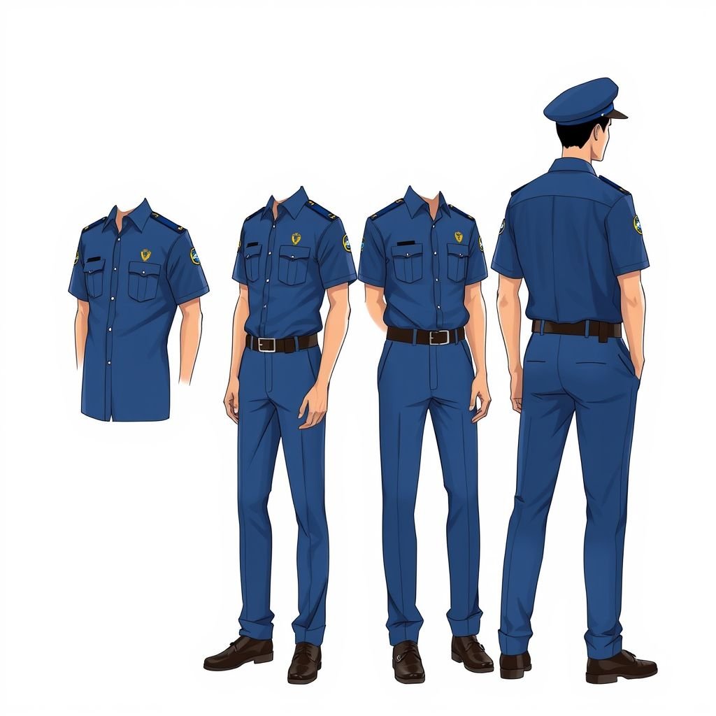 Male uniform for a police investigationl agency of a hot and humid country. It should be smart but at the same time comfortable. The color range is blue. The cap can be replaced with a beret and the cargo trouser with straight ones. The color of the trouser and the shirt must be the same. The belt can be do away with and the shirt can be worn untucked. No belt and shirt outside of trousers. No belt
Design a male uniform for a police investigation agency in a hot, humid climate. The ensemble features a smart, breathable blue short-sleeve shirt, untucked for comfort. Complement it with straight-cut blue trousers for a streamlined look. Replace the traditional cap with an elegant blue beret, ensuring both functionality and style.