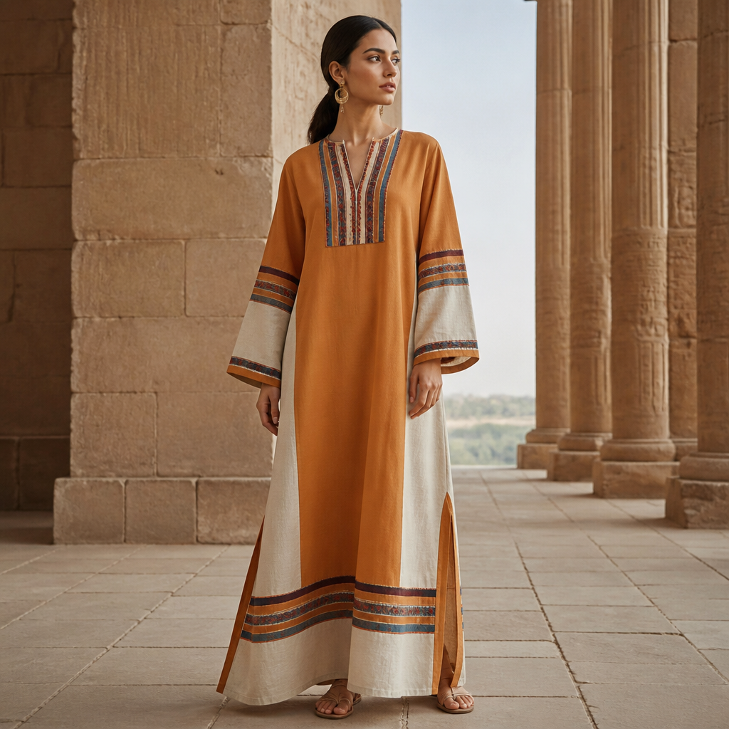A Female Dress design, suitable for Fall. Consider Egyptian fashion — flowing silhouettes, vibrant colors, cotton and linen traditions, modest yet elegant. Current season is Autumn in Egypt. Present it as professional fashion catalogue photography: the garment is the subject, shown full-length with editorial styling, neutral posing and tasteful, non-suggestive framing.
photorealistic fashion design, A Female Dress design, suitable for Fall. Consider Egyptian fashion — flowing silhouettes, vibrant colors, cotton and linen traditions, modest yet elegant. Current season is Autumn in Egypt. Present it as professional fashion catalogue photography: the garment is the subject, shown full-length with editorial styling, neutral posing and tasteful, non-suggestive framing., just the design no text