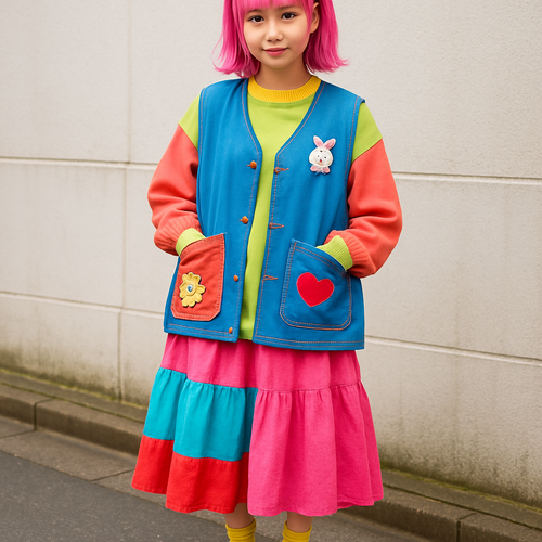 Harajuku-inspired layered ensemble with kawaii patches and platform details