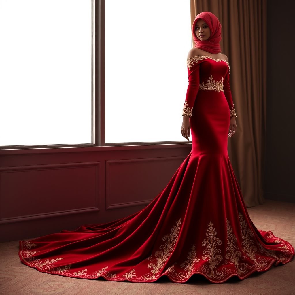 Red velvet dress a weeding shash having Somali culture
Design an exquisite red velvet dress, elegantly draping to the floor with a sophisticated mermaid silhouette. Incorporate intricate Somali cultural patterns along the hem and sleeves in gold embroidery. Feature a delicate wedding sash embellished with traditional motifs, and ensure the neckline is gracefully off-shoulder, highlighting timeless elegance befitting a special occasion.