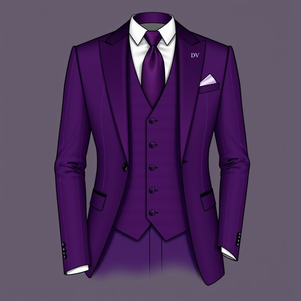 Men’s 3 piece slim fit suit, with DV on the cuff of sleeve. The suit color can be purple with light light purple stripes.
Design an elegant men's three-piece slim-fit suit, tailored in a rich deep purple fabric, accented with delicate light purple stripes. The suit features a sharp, slim lapel and a structured vest, complemented by sophisticated DV initials embroidered on the cuff. This ensemble exudes refined luxury, perfect for formal occasions.