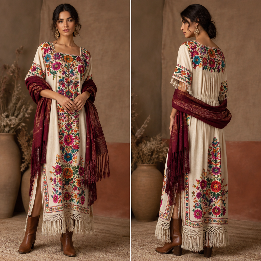 A Female fashion design. Consider Mexican fashion — huipil and rebozo traditions, vibrant embroidery, Oaxacan textiles, colorful folk art influence. Current season is Autumn in Mexico. Present it as professional fashion catalogue photography: the garment is the subject, shown full-length with editorial styling, neutral posing and tasteful, non-suggestive framing.
photorealistic fashion design, A Female fashion design. Consider Mexican fashion — huipil and rebozo traditions, vibrant embroidery, Oaxacan textiles, colorful folk art influence. Current season is Autumn in Mexico. Present it as professional fashion catalogue photography: the garment is the subject, shown full-length with editorial styling, neutral posing and tasteful, non-suggestive framing., just the design no text