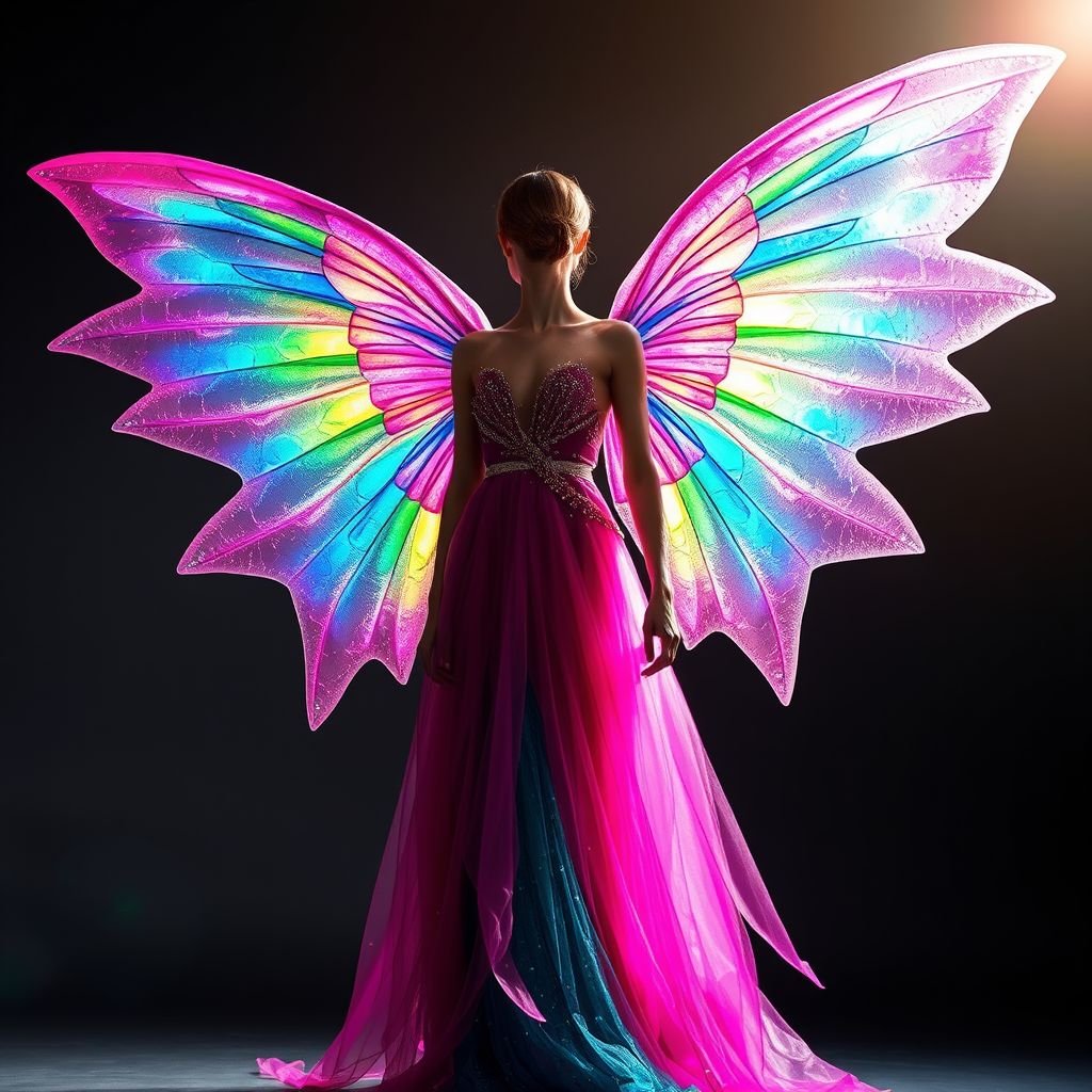 bright pink, blue and green wings are glittery and very shiny, her dress is the same colors but darker, shiny and glittery, but the most beautiful part should be her wings, the big glittery and shiny shapes are extraordinary
Envision a mesmerizing ensemble where ethereal wings, crafted from shimmering, transparent fabric, burst into vibrant shades of bright pink, electric blue, and radiant green. The gown flows elegantly, adorned with a darker hue of the same colors, embellished with metallic threads. The extraordinary wings take center stage, catching light and awe, creating a fairy-tale allure.