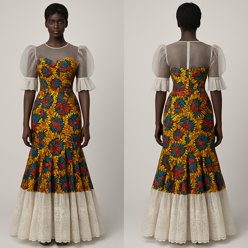 I want an organza fabric at the top of a colorful Ankara princess dart gown with Swiss lace fabric with pleats at the sleeves and at around the knee all the way to the floor on a real mannequin or a dark skin human. 
