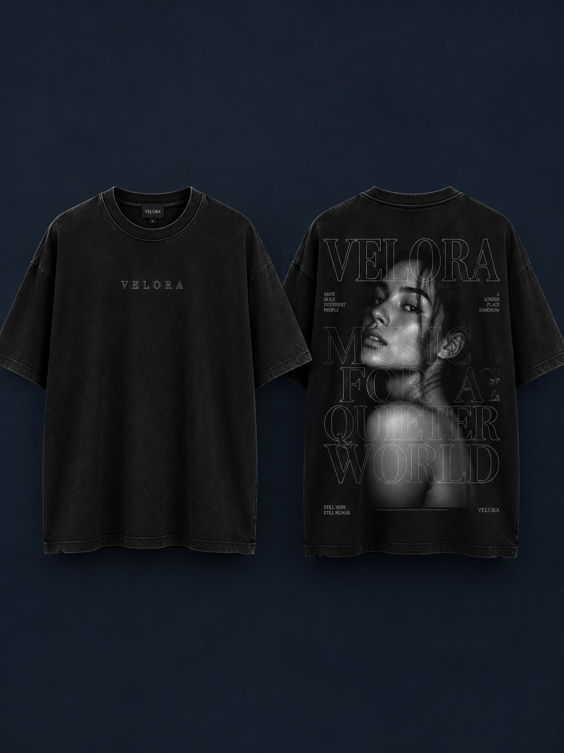 Design a premium black oversized streetwear T-SHIRT, short sleeves, crew neck, NOT a hoodie.
Match the aesthetic of premium artist merchandise from modern streetwear brands.
FRONT DESIGN:
Minimal and clean. Small centered uppercase artist-name typography across the upper chest, using thin outlined white letters. Lots of empty black space.
BACK DESIGN:
A large monochrome photographic portrait of a female music artist, centered on the back. Overlay the portrait with multiple lines of large, thin, outlined uppercase typography, layered over the image with a transparent effect. Add subtle small text details inspired by album artwork and song lyrics. Keep the design monochrome black, white, and gray, with excellent contrast and a sophisticated editorial layout.
GARMENT:
Washed black heavyweight cotton, oversized boxy fit, dropped shoulders, realistic premium fabric texture.
MOCKUP:
Show the front and back of the SAME short-sleeve T-shirt side by side against a deep navy-blue studio background. Realistic product photography, clean composition, accurate garment proportions.
Important: T-shirt only, no hood, no sweatshirt, no collage, no extra product detail panels. Use original artwork and placeholder text rather than reproducing copyrighted lyrics.
Design a premium black oversized streetwear T-SHIRT, short sleeves, crew neck, NOT a hoodie.
Match the aesthetic of premium artist merchandise from modern streetwear brands.
FRONT DESIGN:
Minimal and clean. Small centered uppercase artist-name typography across the upper chest, using thin outlined white letters. Lots of empty black space.
BACK DESIGN:
A large monochrome photographic portrait of a female music artist, centered on the back. Overlay the portrait with multiple lines of large, thin, outlined uppercase typography, layered over the image with a transparent effect. Add subtle small text details inspired by album artwork and song lyrics. Keep the design monochrome black, white, and gray, with excellent contrast and a sophisticated editorial layout.
GARMENT:
Washed black heavyweight cotton, oversized boxy fit, dropped shoulders, realistic premium fabric texture.
MOCKUP:
Show the front and back of the SAME short-sleeve T-shirt side by side against a deep navy-blue studio background. Realistic product photography, clean composition, accurate garment proportions.
Important: T-shirt only, no hood, no sweatshirt, no collage, no extra product detail panels. Use original artwork and placeholder text rather than reproducing copyrighted lyrics., streetwear style