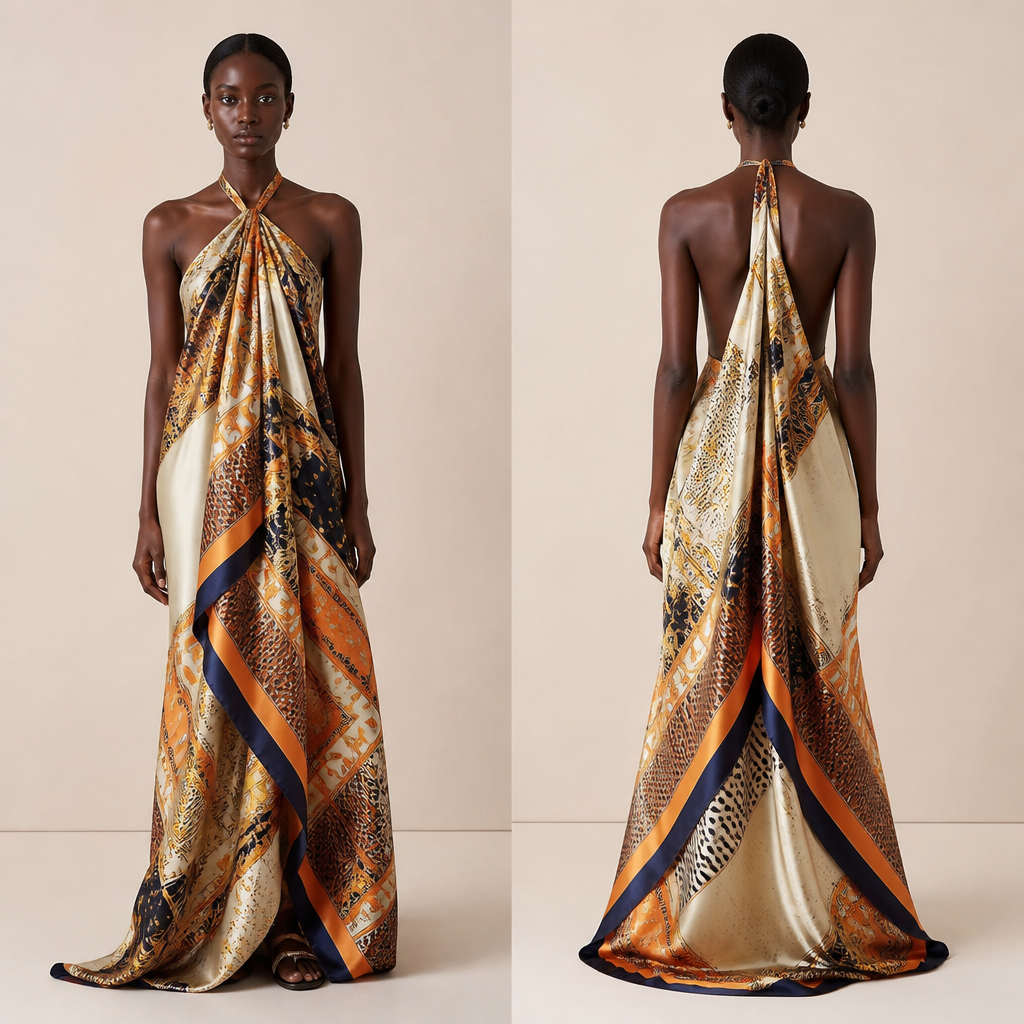 a silky scalf material made as a dree. Ghana fashion aesthetics.
photorealistic fashion design, a silky scalf material made as a dree. Ghana fashion aesthetics., just the design no text, show front and back