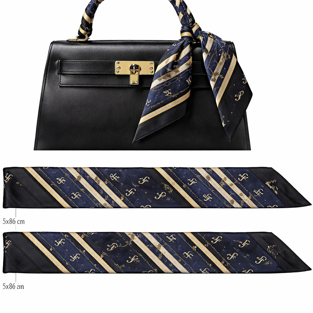 Silk scarf that is 5x86cm designed for a handle on a Kelly style bag using the initials in JF in a diagonal pattern. Intended for a signature look for Jolie Franc. Give it a timeless British style that looks like Hobbs London I like it but make it navy add black
Silk scarf that is 5x86cm designed for a handle on a Kelly style bag using the initials in JF in a diagonal pattern. Intended for a signature look for Jolie Franc. Give it a timeless British style that looks like Hobbs London I like it but make it navy add black
, classic style, show front and back