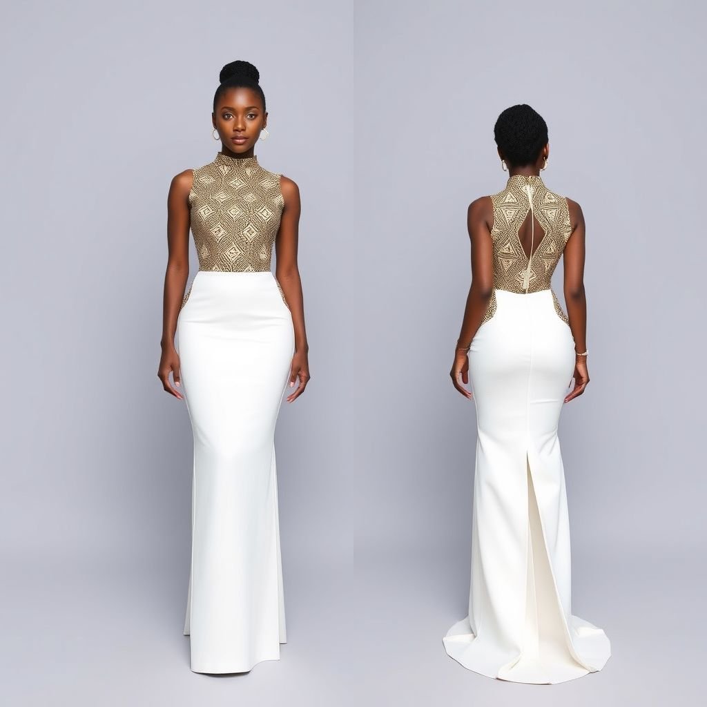 Une robe longue structurée avec une fente arrière et un tissu Waxx blanc dans un style africain moderne. J’aimerais aussi que ce soit un haut et une jupe crayon longue.pas de fente sur le côté pas de décolleté sinon j’aime bien mais si cela pouvais être en 2partie une jupe et un haut scintrer j’aime bien mais sans tour de cou et deux partie distinguée
Imagine a sophisticated two-piece ensemble featuring a structured, long white Waxx gown in modern African style. The high-neck bodice is elegantly fitted, perfectly complementing a sleek, floor-length pencil skirt with an alluring back slit. Opt for refined, geometric patterns that enhance the formal aesthetic, maintaining a chic silhouette without side slits or plunging necklines.