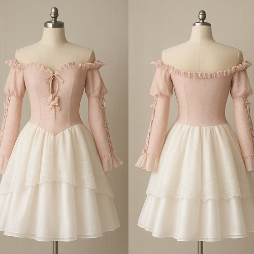 Slim soft glittery soft pink bodice with a small cut through the middle laced up and a flower just below connecting lace and a layered skirt. The skirt is white with a silk below layer, a soft fabric second layer and a lace top layer. Ruffled top edges and ruffled off the shoulder sleeves laced down to the wrists




