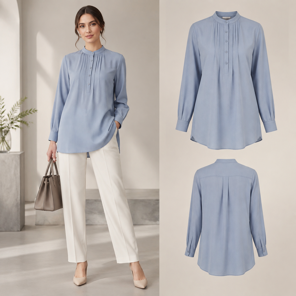 A Female Top design, with modest, full coverage: longer hemlines, higher necklines and covered shoulders, suitable for Summer, in Business style. work wear outfit and display outfit near the model. UG fashion aesthetics. Present it as professional fashion catalogue photography: the garment is the subject, shown full-length with editorial styling, neutral posing and tasteful, non-suggestive framing.
photorealistic fashion design, A Female Top design, with modest, full coverage: longer hemlines, higher necklines and covered shoulders, suitable for Summer, in Business style. work wear outfit and display outfit near the model. UG fashion aesthetics. Present it as professional fashion catalogue photography: the garment is the subject, shown full-length with editorial styling, neutral posing and tasteful, non-suggestive framing., business style, just the design no text