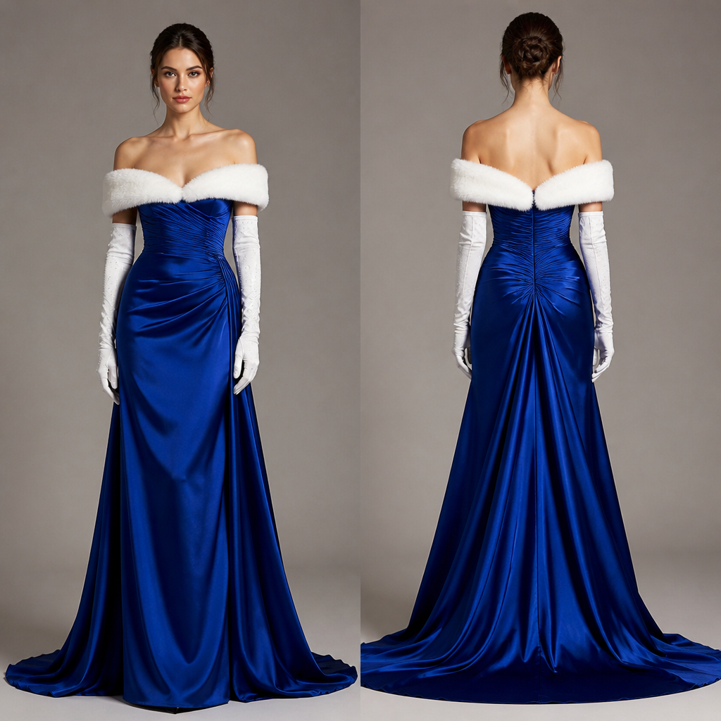 Royal blue silky dress with gloves, white and fur on the top of the gloves white teal is that or glittery
photorealistic fashion design, Royal blue silky dress with gloves, white and fur on the top of the gloves white teal is that or glittery, classic style, just the design no text, show front and back