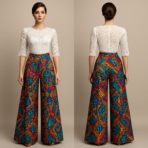 Create one of a kind colorful palazzo pant made from beautiful adire fabric with a beautiful white lace top designed  for high end fashionista that will make it look sophisticated and gorgeous on a mannequin with a face 