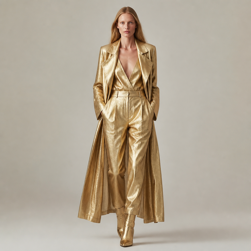 A Female Dress design, suitable for Summer. Gold coats Gold Trousers Gold Boots. Ireland fashion aesthetics.
photorealistic fashion design, A Female Dress design, suitable for Summer. Gold coats Gold Trousers Gold Boots. Ireland fashion aesthetics., just the design no text
