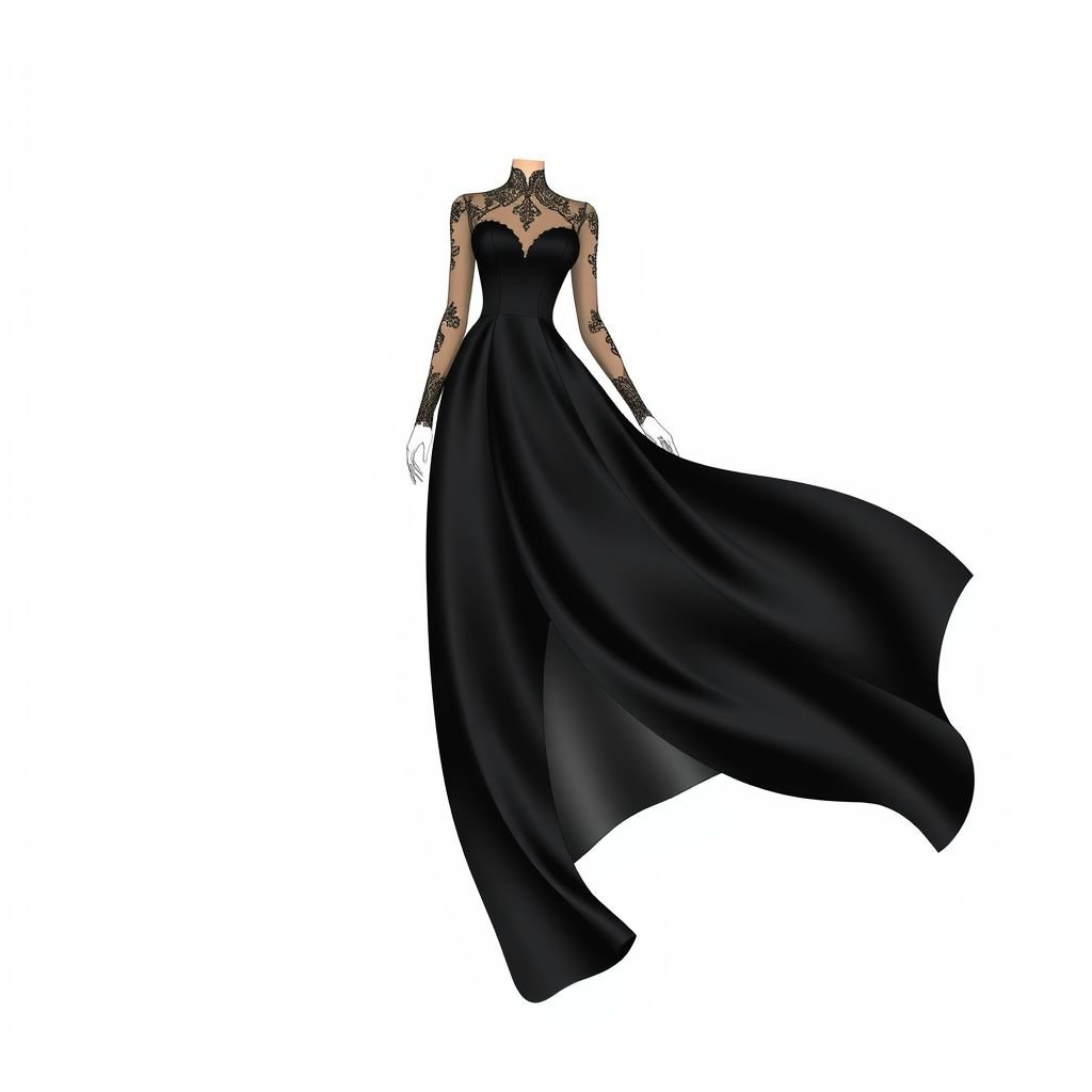 A long elegant black satin evening dress with lace sleeves and delicate gold embroidery on the collar and cuffs.”
Design an exquisite long black satin evening dress, flowing gracefully to the floor. The gown features sheer lace sleeves that whisper sophistication, adorned with intricate gold embroidery tracing the collar and cuffs. Add a subtle train for dramatic flair, while a fitted bodice accentuates the silhouette, radiating timeless elegance at every turn.