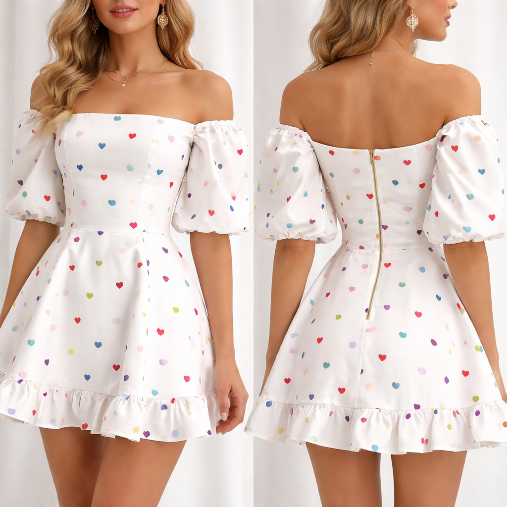 A short, luxurious white dress with small, colorful, and prominent heart prints; the bodice has a straight cut and quarter-sleeves.
A short, luxurious white dress with small, colorful, and prominent heart prints; the bodice has a straight cut and quarter-sleeves., show front and back