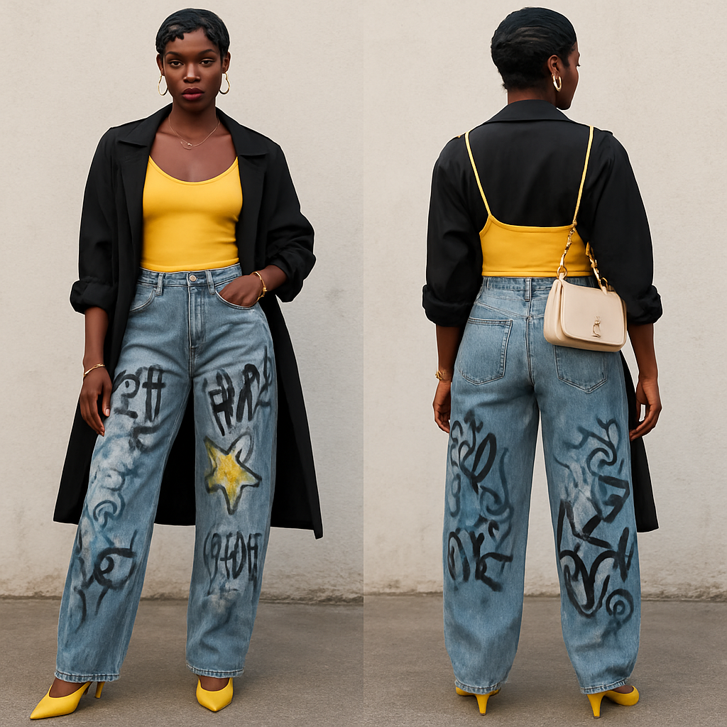 Black woman
Finger waves
Yellow spaghetti strap shirt
Black trench coat sleeves rolled up
Big jeans with graffiti
White coach purse
Yellow heels
White earrings
Gold bracelet and rings
Gold necklace
Black woman
Finger waves
Yellow spaghetti strap shirt
Black trench coat sleeves rolled up
Big jeans with graffiti
White coach purse
Yellow heels
White earrings
Gold bracelet and rings
Gold necklace
, streetwear style, show front and back