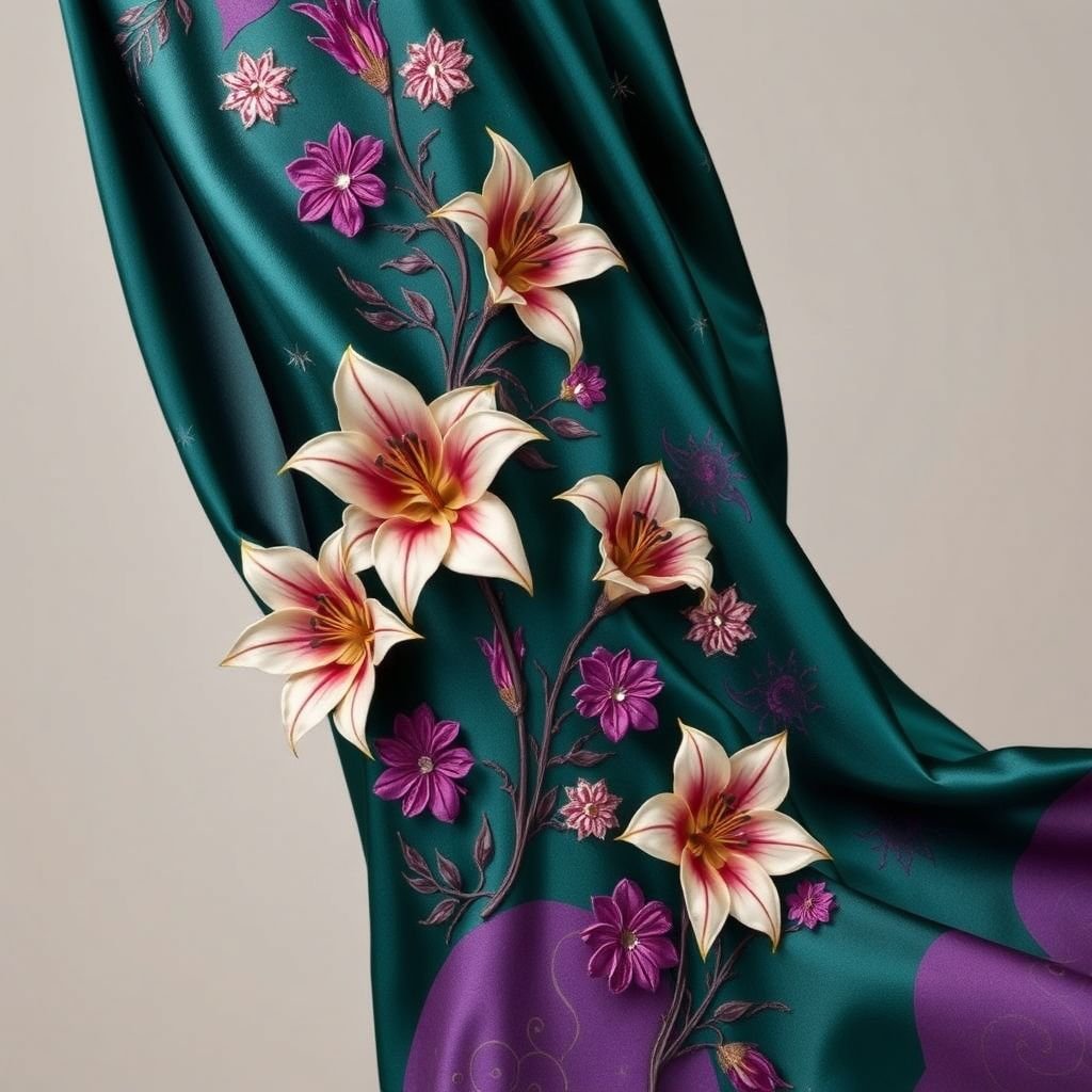 A textile design inspired by the story of the goddess Ishtar, reflecting femininity and incorporating a combination of fabric and papier-mâché, drawing inspiration from the image of the goddess Ishtar and the mythological tale of the underworlds.
A luxurious silk blend drapes elegantly, adorned with intricate motifs of blooming lilies and shimmering stars, echoing Ishtar's celestial realm. Rich jewel tones of deep emerald and violet intertwine with delicate papier-mâché embellishments, forming elegant floral appliqués. Textures intertwine, creating a narrative of strength and grace, embodying the goddess's essence.