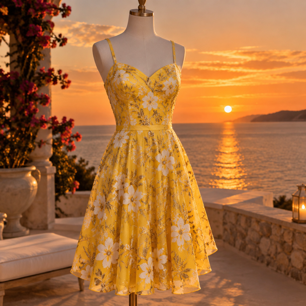 Make me a medium sundress, bright yellow with white flowers and sparkly gold, designs, heart neck with a beautiful sunset behind on a mannequin
photorealistic fashion design, Make me a medium sundress, bright yellow with white flowers and sparkly gold, designs, heart neck with a beautiful sunset behind on a mannequin, scene style, just the design no text