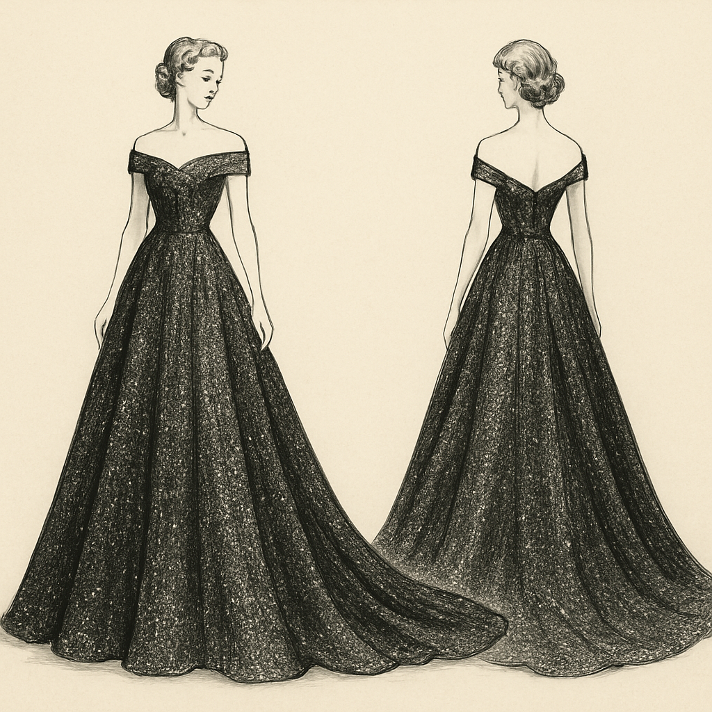 Glittery Black and white A-line off-the-shoulder sleeveless wedding dress with long royal train.
Glittery Black and white A-line off-the-shoulder sleeveless wedding dress with long royal train. , vintage style, show front and back