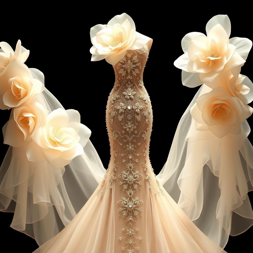 Create a dress with a sleeve that is floor length and with organza flowers, large organza, flowers, floating all the way to the floor on the sleeves, make it very angelic, but yet with the touch of sexy and cover the front of the dress with crystals. Make flower sleeve go all the way to the floor
Design an ethereal haute couture gown featuring dramatic, floor-length organza sleeves adorned with oversized, cascading organza flowers. The gown's silhouette should exude an enchanting allure, balancing angelic grace with a hint of seductive elegance. The front of the dress should shimmer with an intricate arrangement of sparkling crystals, enhancing the ethereal beauty.