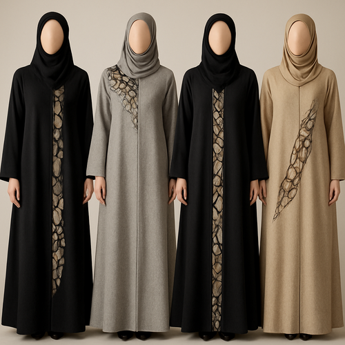 Create a modest abaya that's the first of its kind, featuring a unique stone design that exudes a classy and sophisticated vibe. I'd like four designs, each showcasing different styles and fabrics.
Incorporate high-end, unique chic stone designs to make them truly special. Add a little sophisticated stone work to it.
