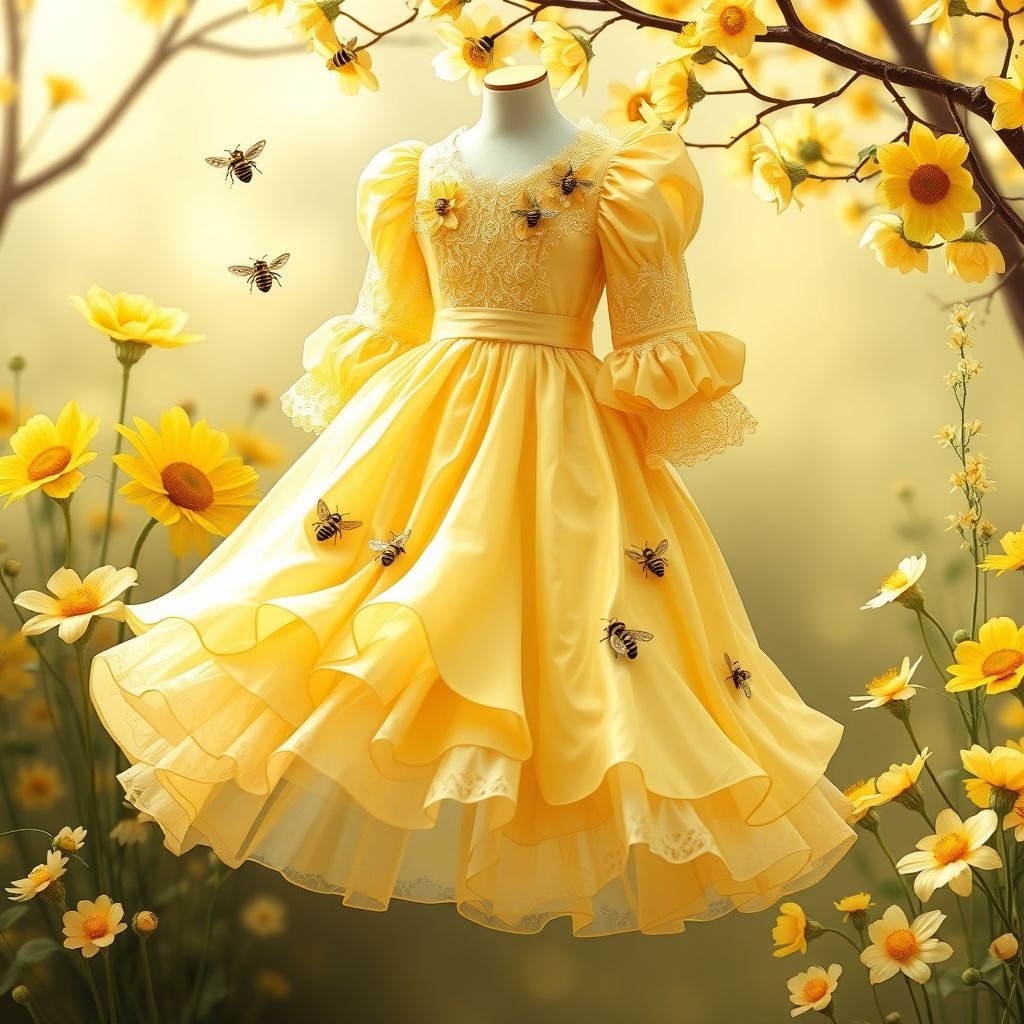A honey bee & honey comb themed spring day dress.
Design a whimsical, honey bee and honeycomb-themed princesscore spring day dress. Incorporate soft, flowing pastel tones of golden yellow and delicate honeysuckle. Add voluminous puff sleeves, intricate lace detailing, and a cinched waist. Adorn with bee appliqués and a flowing, layered skirt reminiscent of a blooming garden, perfect for a fairy tale stroll.