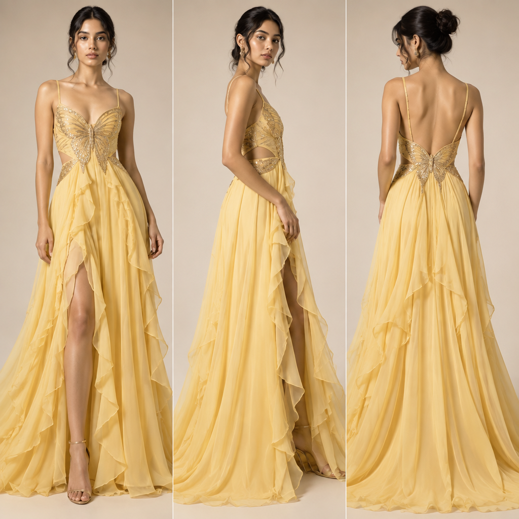 make it yellow make the butterfly golden an shimmery. make ot look so good that it suits all skin types in its glow. UG fashion aesthetics. Present it as professional fashion catalogue photography: the garment is the subject, shown full-length with editorial styling, neutral posing and tasteful, non-suggestive framing.
photorealistic fashion design, make it yellow make the butterfly golden an shimmery. make ot look so good that it suits all skin types in its glow. UG fashion aesthetics. Present it as professional fashion catalogue photography: the garment is the subject, shown full-length with editorial styling, neutral posing and tasteful, non-suggestive framing., just the design no text