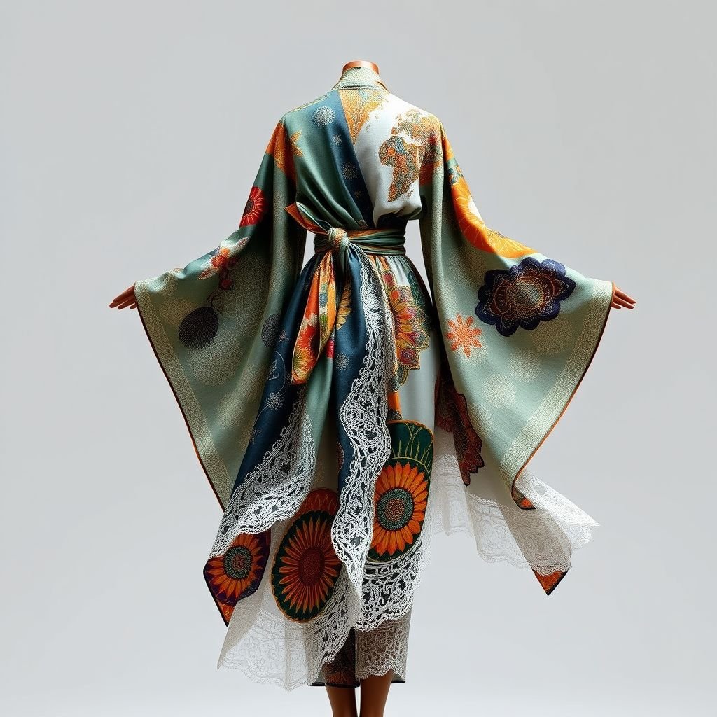 Outfit with innovative materials that united cultures
Craft an avant-garde outfit that fuses traditional fabrics from diverse cultures, such as Japanese silk, African kente, and European lace. The silhouette features a flowing kimono-inspired wrap, adorned with digital prints representing global art styles. Incorporate biodegradable metallic threads for an ethereal shimmer, celebrating unity through eco-conscious fashion innovation.