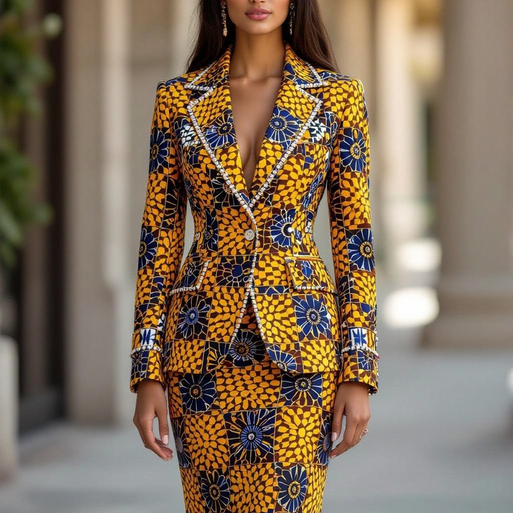 African print blazer with skirt and beads on top of the lapel and lacing on the back
African print blazer with a structured cut, long sleeves, and an open front. Beads adorn the lapel, and lacing details the back. Paired with a matching knee-length skirt.