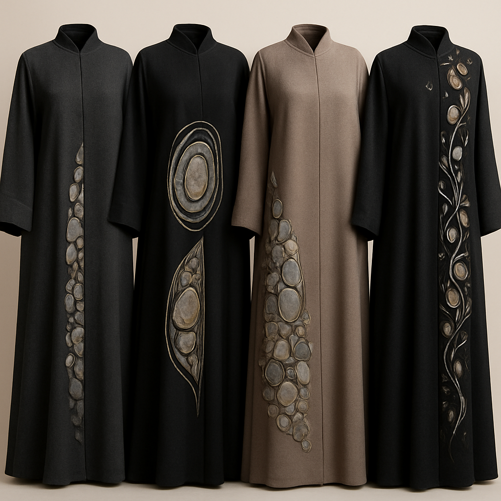 Create a modest abaya, first of its kind, featuring a unique stone design that exudes a classy and sophisticated vibe. I'd like four designs, each showcasing different styles and fabrics. Incorporate high-end, unique chic stone designs to make them truly special. Add little sophisticated stone designs. Make it irresistible with designs that stands out.

Create a modest abaya, first of its kind, featuring a unique stone design that exudes a classy and sophisticated vibe. I'd like four designs, each showcasing different styles and fabrics. Incorporate high-end, unique chic stone designs to make them truly special. Add little sophisticated stone designs. Make it irresistible with designs that stands out.