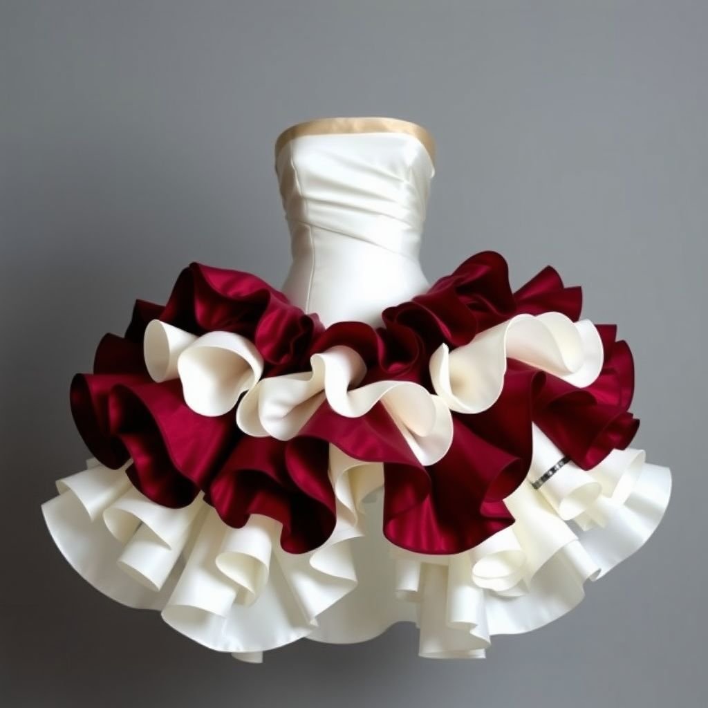Sculpted strapless mini dress with structured bust • Fabric: Satin crepe • Colors: Burgundy, Cloud White
Envision a sculpted strapless mini dress in luxurious satin crepe, merging high fashion with avant-garde elements. The structured bust exudes elegance, contrasted by a flowing, asymmetrical hemline that plays with proportions. Adorned with intricate ruffles in rich burgundy and soft cloud white, it captures a sculptural yet ethereal aesthetic, perfect for evening events.