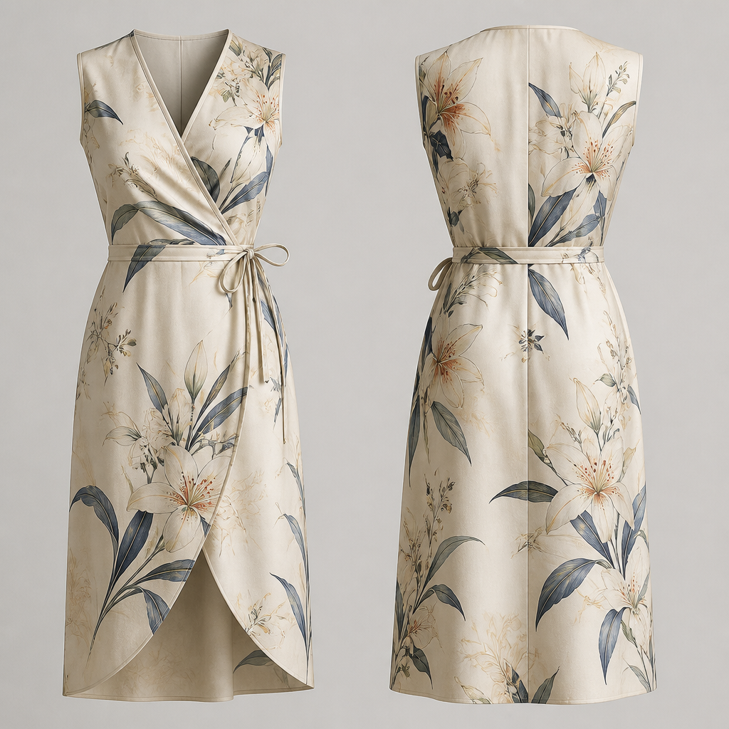 A Female Dress design, suitable for Summer. летнее платье на запах, я японским орнаментом лилий , чуть ниже колена, без рукава, мягкий хлопок- сатин. Russia fashion aesthetics.
photorealistic fashion design, A Female Dress design, suitable for Summer. летнее платье на запах, я японским орнаментом лилий , чуть ниже колена, без рукава, мягкий хлопок- сатин. Russia fashion aesthetics., just the design no text, show front and back