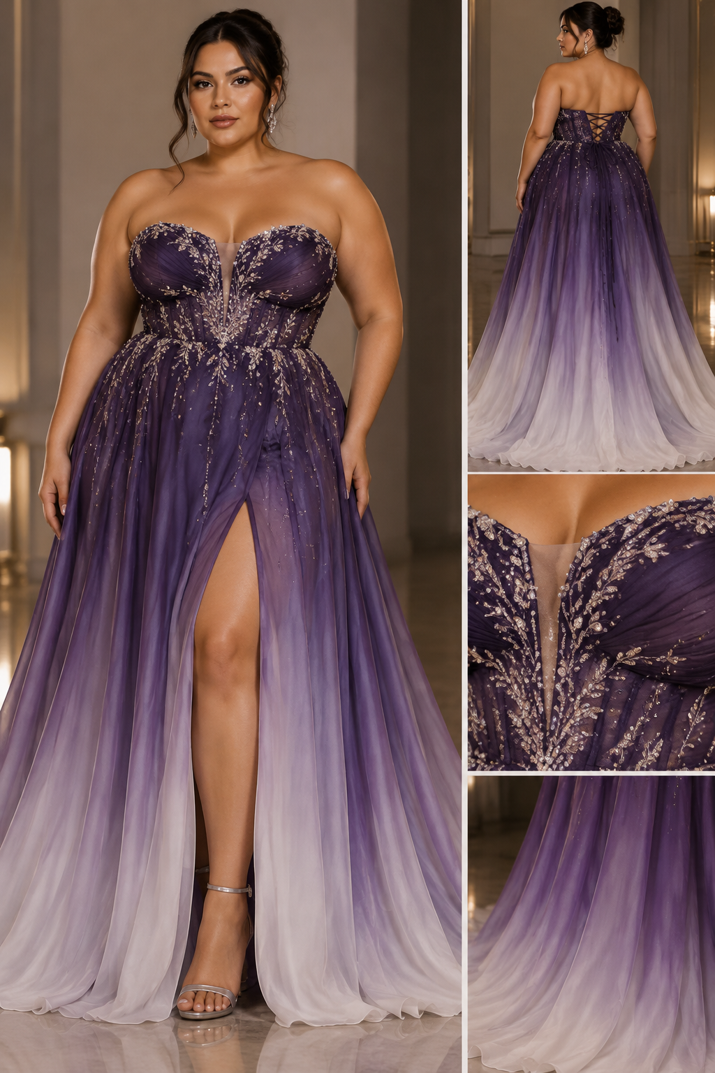 Vestido tomara que caia com amarração atrás sustentável no busto. Com pedras brilhantes(cristais) e bordado a mão abaixo do busto. acinturado com um corset bem sutil e longo. Com decote no meio das coxas na parte da frente, o decote começa no meio e vai até embaixo, deixando a abertura. Ele é roxo com degradê branco. Vestido de gala plusize
Vestido tomara que caia com amarração atrás sustentável no busto. Com pedras brilhantes(cristais) e bordado a mão abaixo do busto. acinturado com um corset bem sutil e longo. Com decote no meio das coxas na parte da frente, o decote começa no meio e vai até embaixo, deixando a abertura. Ele é roxo com degradê branco. Vestido de gala plusize